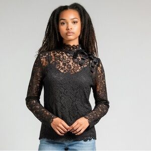 J. Crew Black Lace Long-Sleeve Top with Shoulder Bow